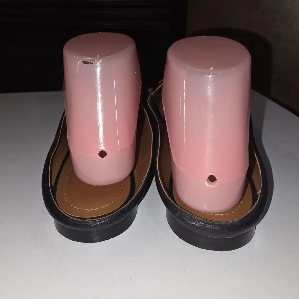 Coach Sz 8.5 Sienna Gold Metal CC Logo Black Leather Preppy Slide Mule Loafers